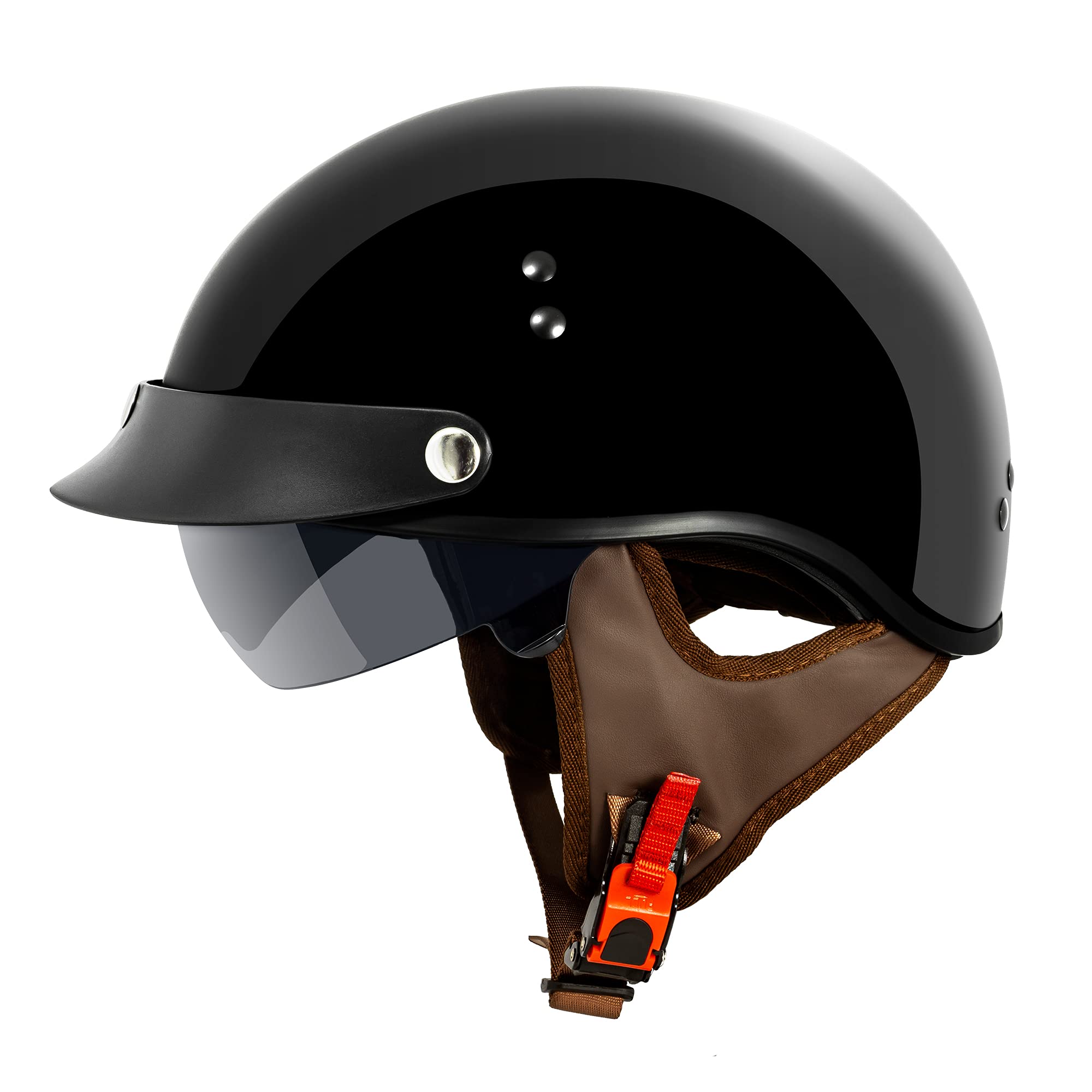 Vcan Cruiser Solid Gloss Black Half Face Motorcycle Helmet With Drop-Down Sun Visor, Removable Peak And Quick Release Buckle (X